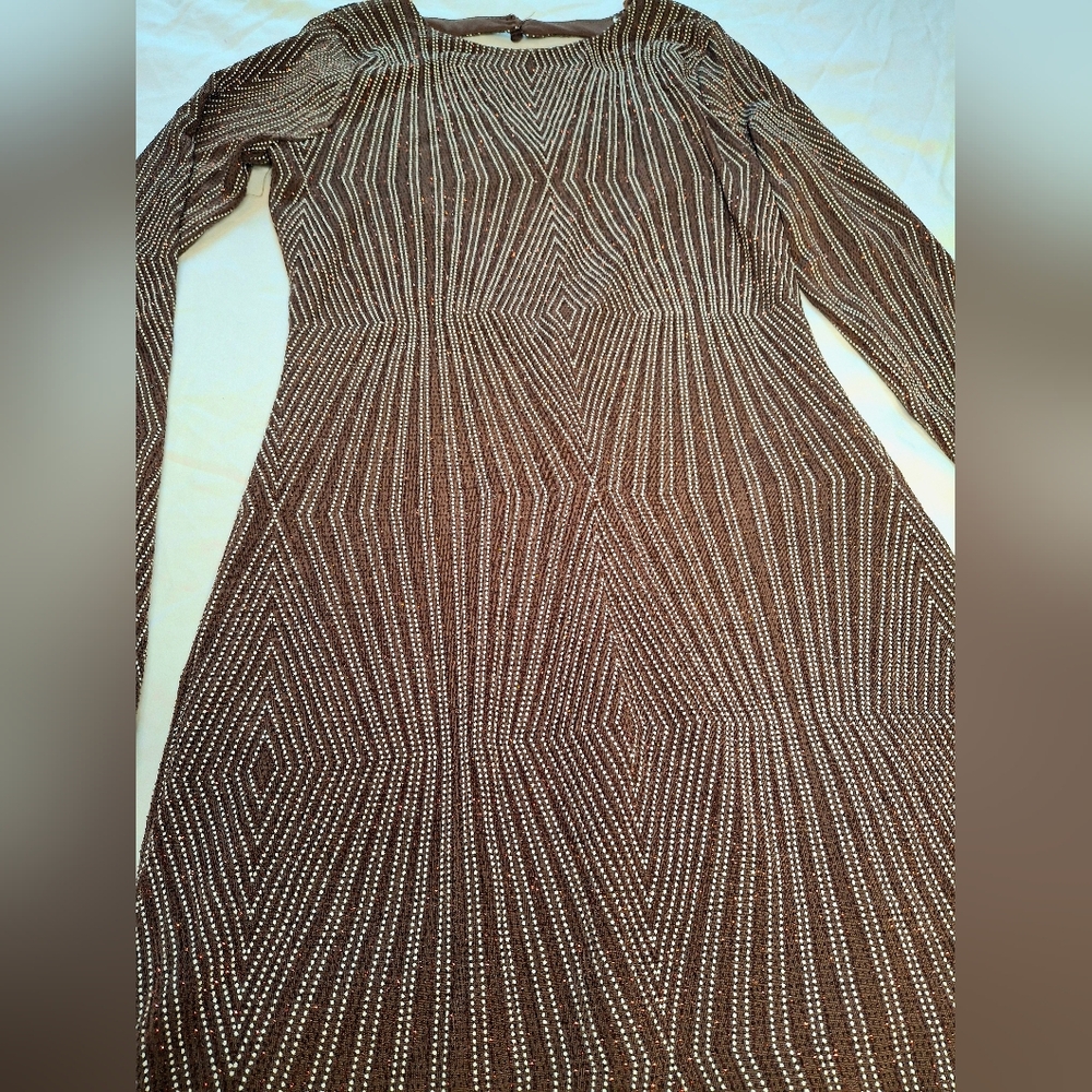 Trixxi Brown Beaded Mini Dress Long Sleeve Open Back Cocktail Party M